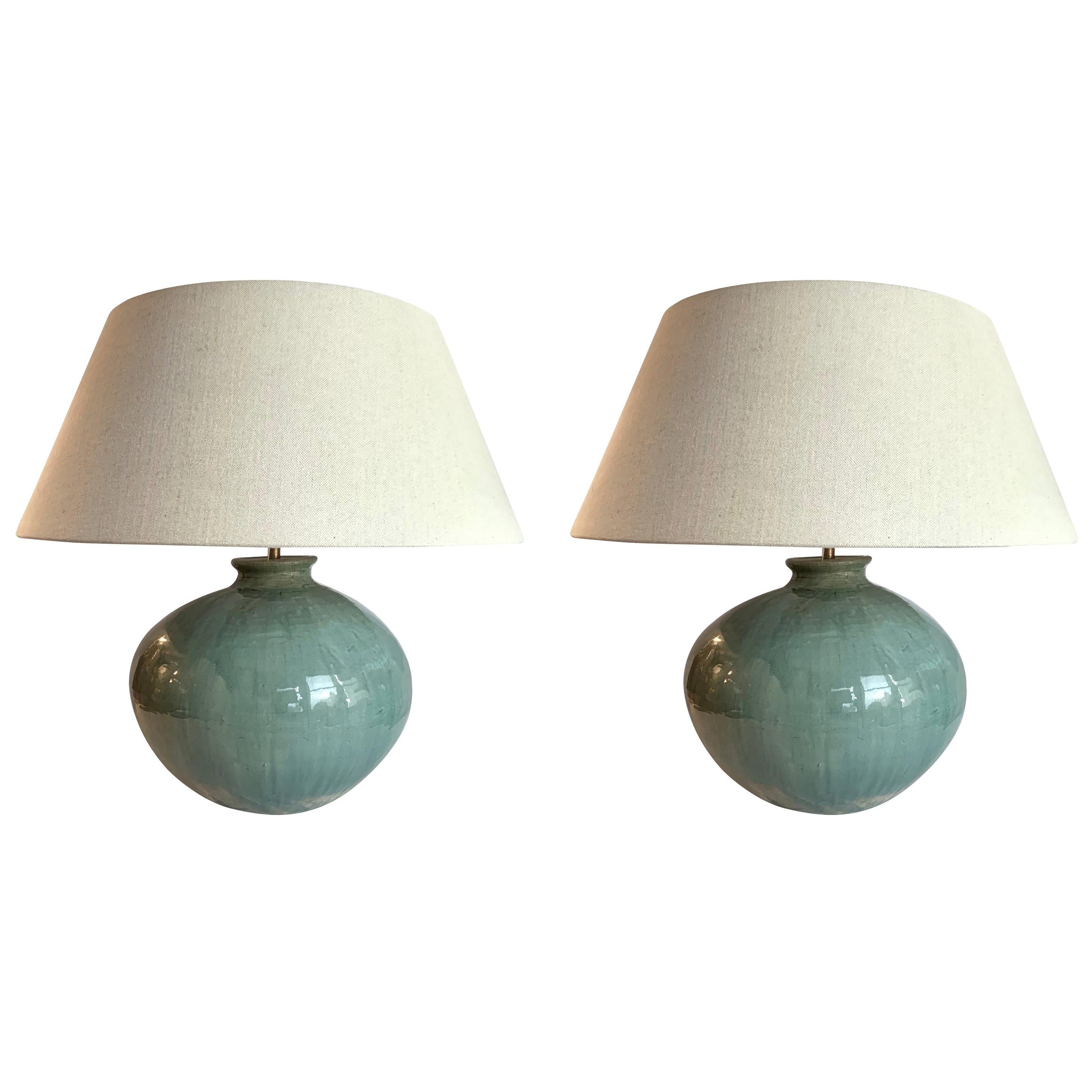 Washed Turquoise Round Base Pair Lamps, China, Contemporary