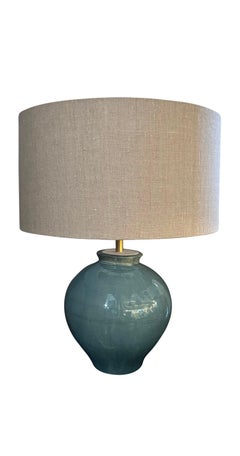 Washed Turquoise Round Shaped Pair Lamps With Shades, China, Contemporary
