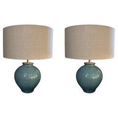 Washed Turquoise Round Shaped Pair Lamps With Shades, China, Contemporary