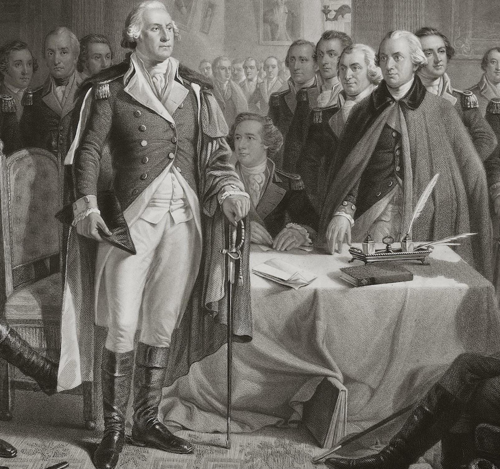 This is a large, handsome engraving entitled Washington and His Generals by Alexander H. Ritchie, one of the best historical printmakers of the mid-nineteenth century. Ritchie is particularly known for the clarity and richness of his engravings and