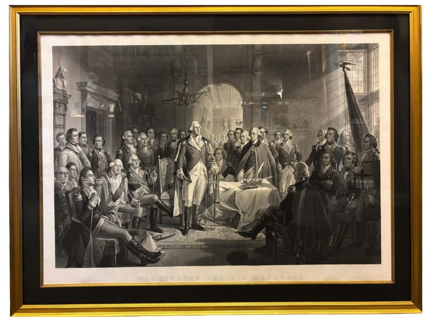 Se trata de un grabado grande y hermoso titulado Washington y sus generales, obra de Alexander H. Ritchie, uno de los mejores grabadores históricos de mediados del siglo XIX. Ritchie es especialmente conocido por la claridad y riqueza de sus