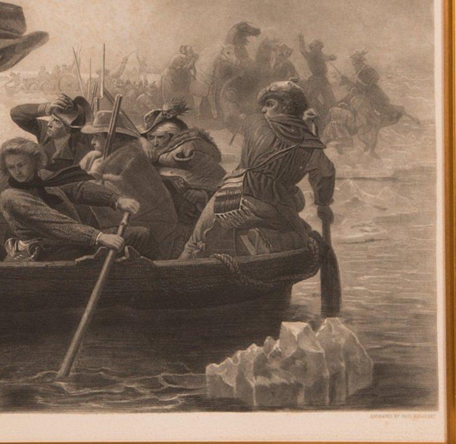 Presented is 19th century engraving of the important early painting, Washington Crossing the Delaware. German American artist Emanuel Gottlieb Leutze painted the oil-on-canvas painting in 1850. This engraving was published by Goupil & Co. several