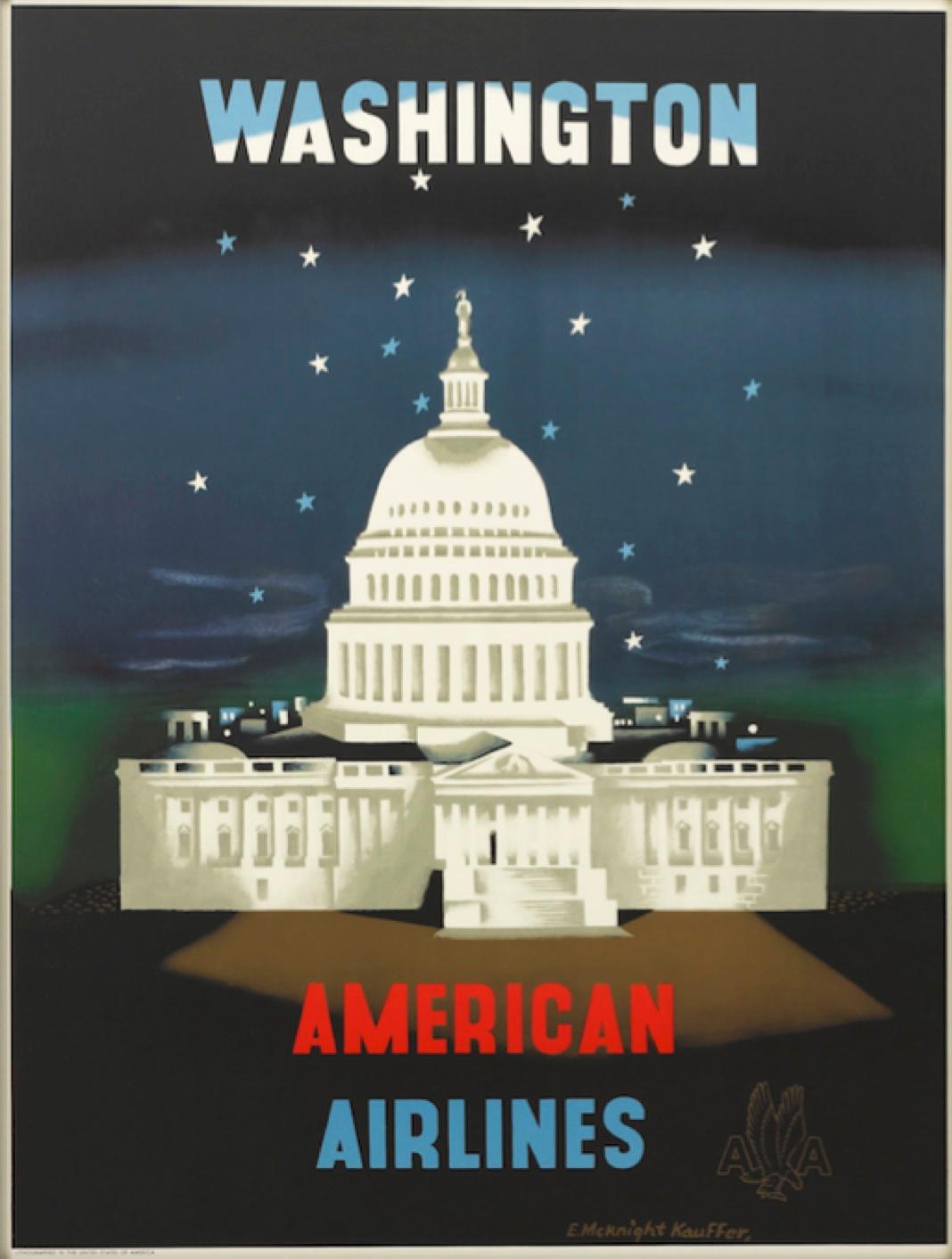 This is an original American Airlines travel poster from 1950 advertising Washington D.C. as one of their alluring destinations. The poster was created by artist E. McKnight Kauffer and boldly displays the U.S. Capitol against a starry sky.

This