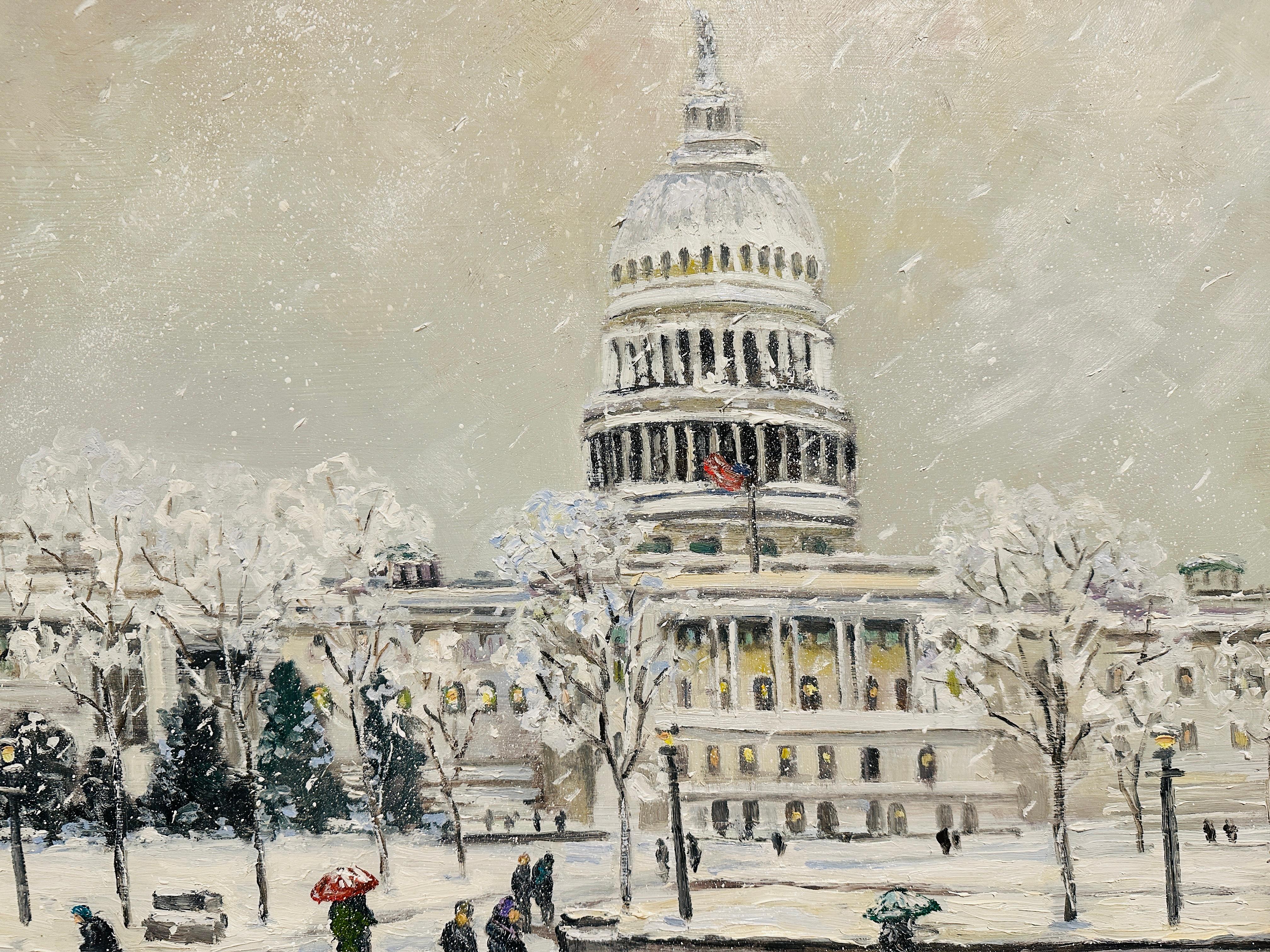 Impresionista Washington D.C., un día de invierno nevado en la colina. La capital está cubierta de un manto de nieve suave mientras los peatones salen a las fiestas nocturnas y a hacer turismo. Las luces empiezan a parpadear mientras las banderas