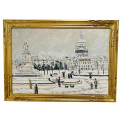 Washington D.C. Peinture à l'huile impressionniste d'une scène de monument d'hiver sur Capital Hill