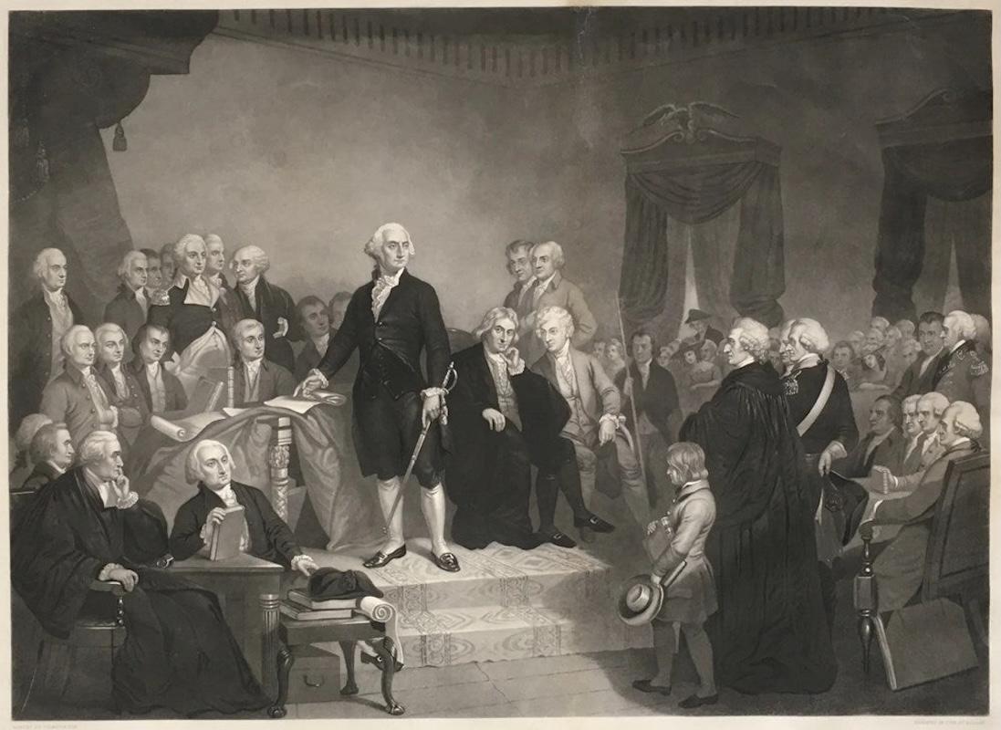 Presented is a patriotic engraving titled “Washington Delivering His Inaugural Address. April 1789, in the old City Hall, New-York.” The print was engraved by Henry S. Sadd, after a painting by Tompkins H. Matteson. The print is a second state,