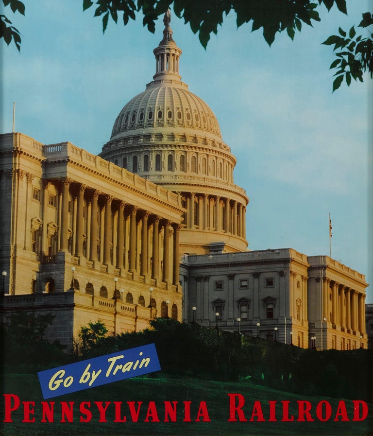 This is a vintage travel poster, printed for the Pennsylvania Railroad, by Einson-Freeman Co., New York. The poster depicts the iconic United States Capitol in Washington, D.C. The text “Washington” appears at the top of the poster in yellow. The