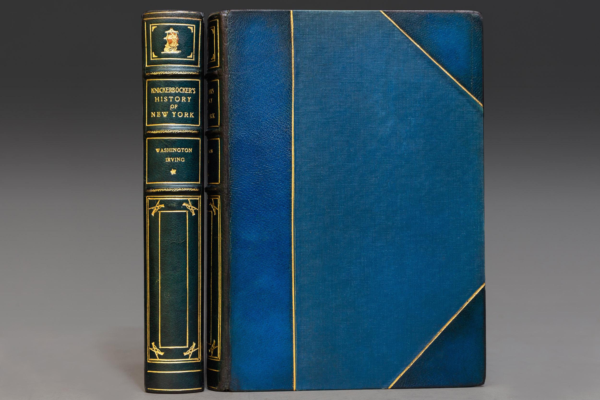 2 Volumes. “Van Twiller Edition” with illustrations by Edward W. Kemble. Bound in 3/4 blue Morocco, cloth boards, top edges gilt, raised bands, gilt panels, marbled
Endpapers. Published: New York: G.P. Putnam’s Sons 1894. 

Dimensions: H 9”, D 6