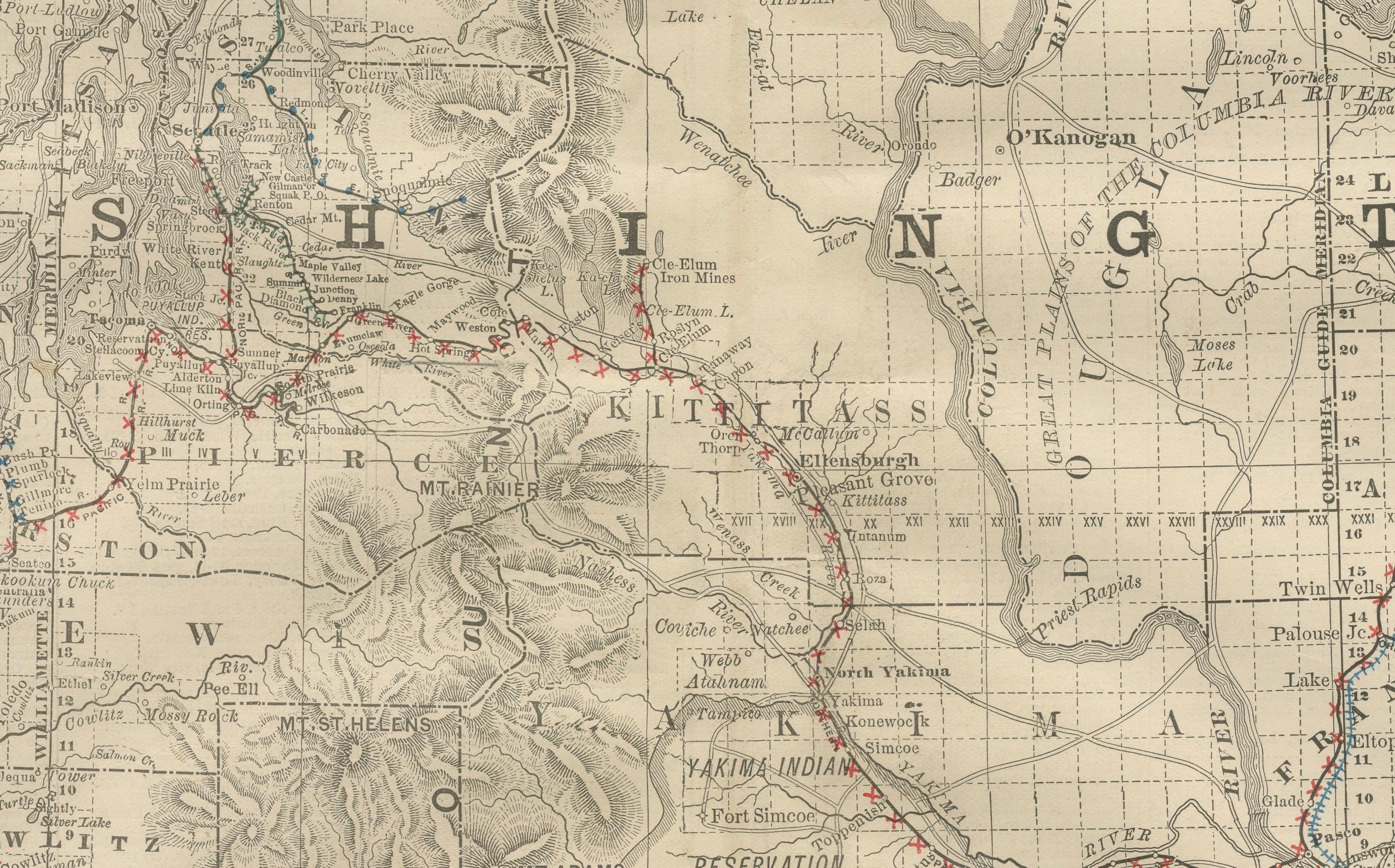 Engraved Washington Map 1888 – Antique Railroads, Indian Reservations & Counties For Sale