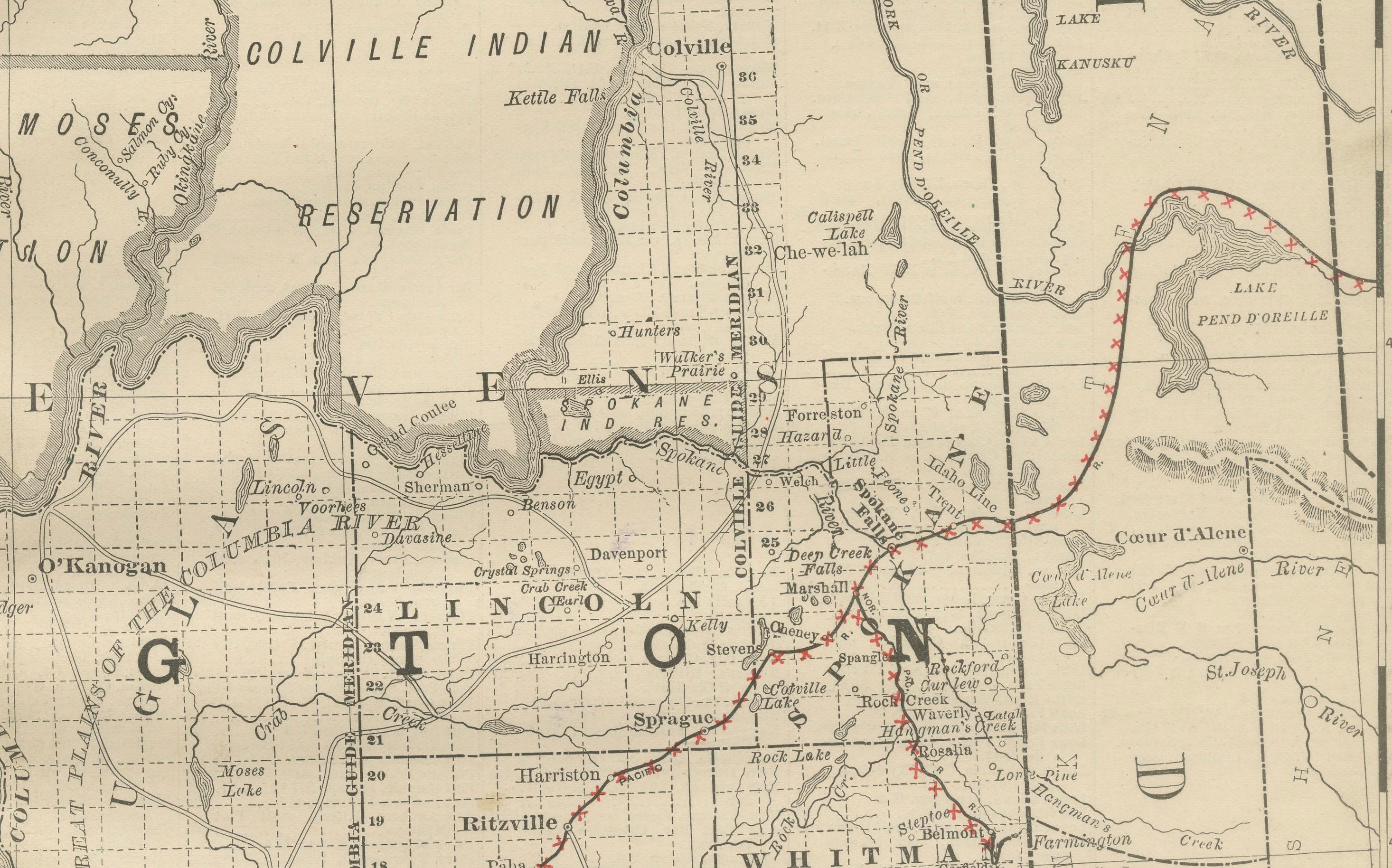 Washington Map 1888 – Antique Railroads, Indian Reservations & Counties In Good Condition For Sale In Langweer, NL