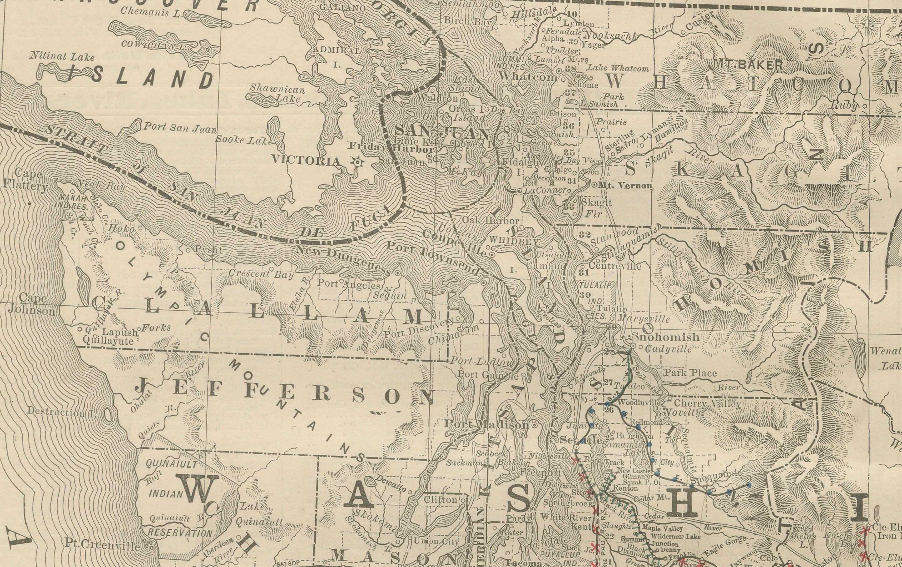 Washington Map 1888 – Antique Railroads, Indian Reservations & Counties For Sale 1