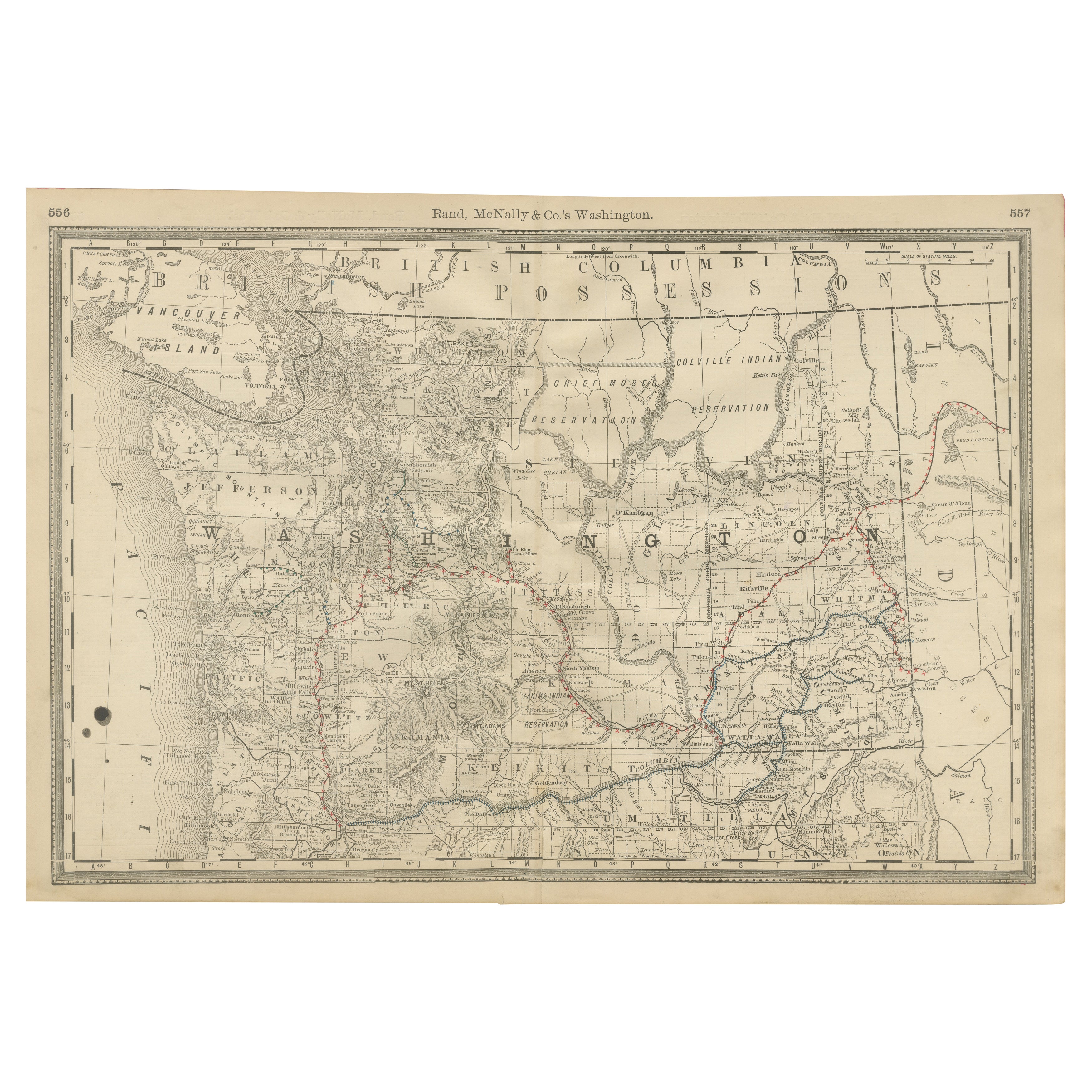 Washington Map 1888 – Antique Railroads, Indian Reservations & Counties