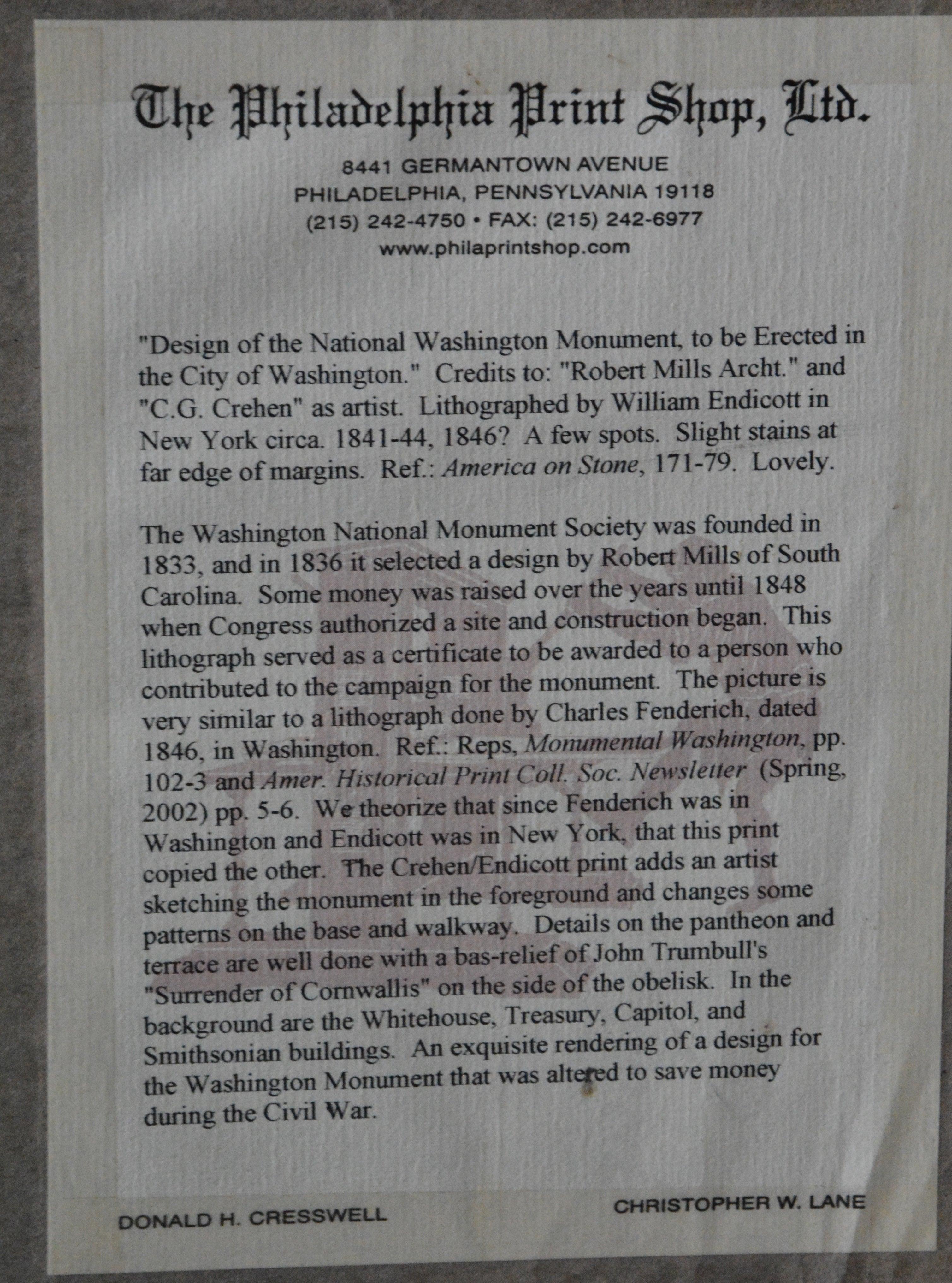 Washington Monument Broadside Lithograph For Sale 1