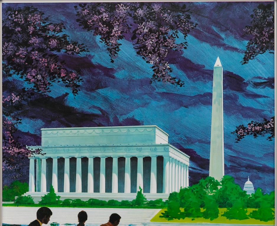 This is a National Airlines Travel poster advertising Washington DC as a destination for travelers. Made in the 1960s, this color lithograph poster was designed by Bill Simon. The colorful poster features some of the most iconic DC imagery including