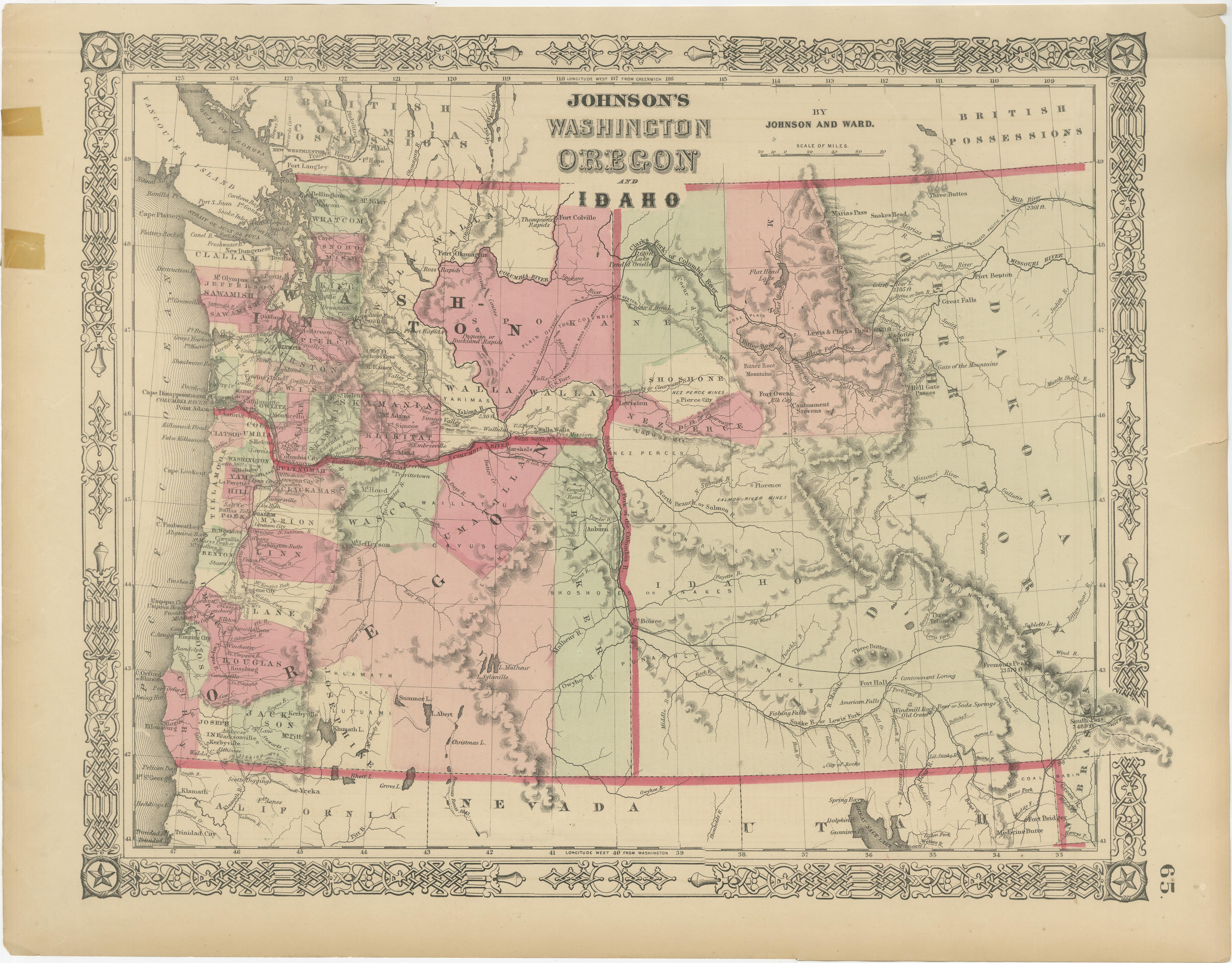 Mappa di Washington Oregon Idaho - Johnson, colorata a mano, 1864 ca. in vendita 4