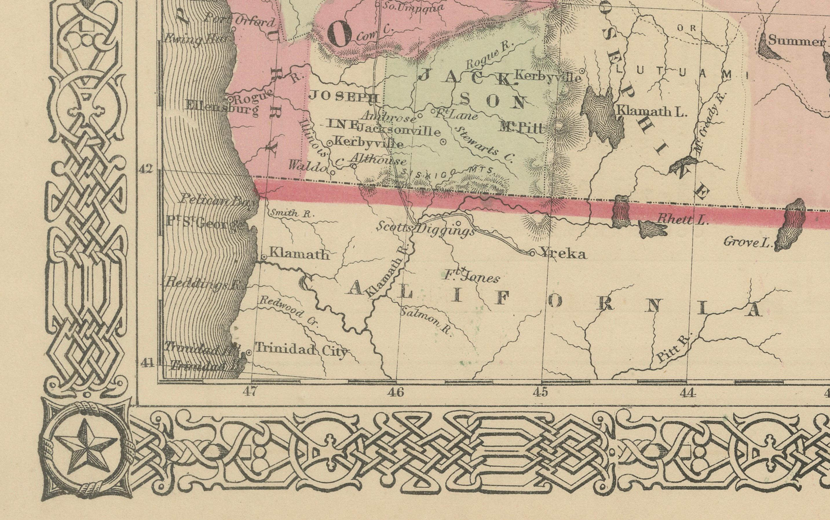 Americano Mappa di Washington Oregon Idaho - Johnson, colorata a mano, 1864 ca. in vendita
