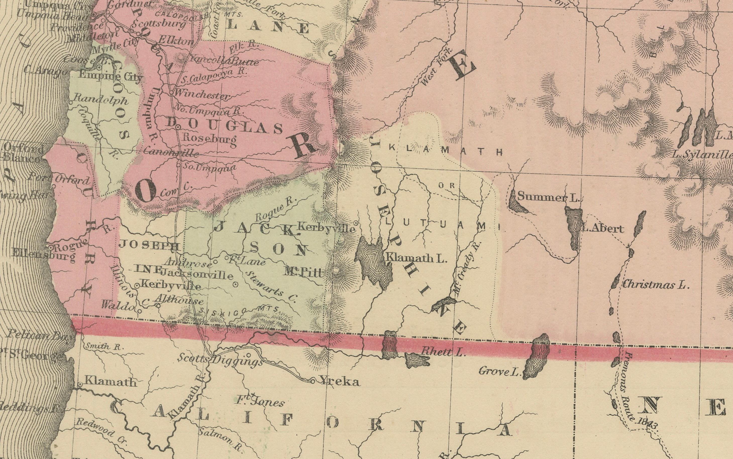 Mappa di Washington Oregon Idaho - Johnson, colorata a mano, 1864 ca. In condizioni discrete in vendita a Langweer, NL