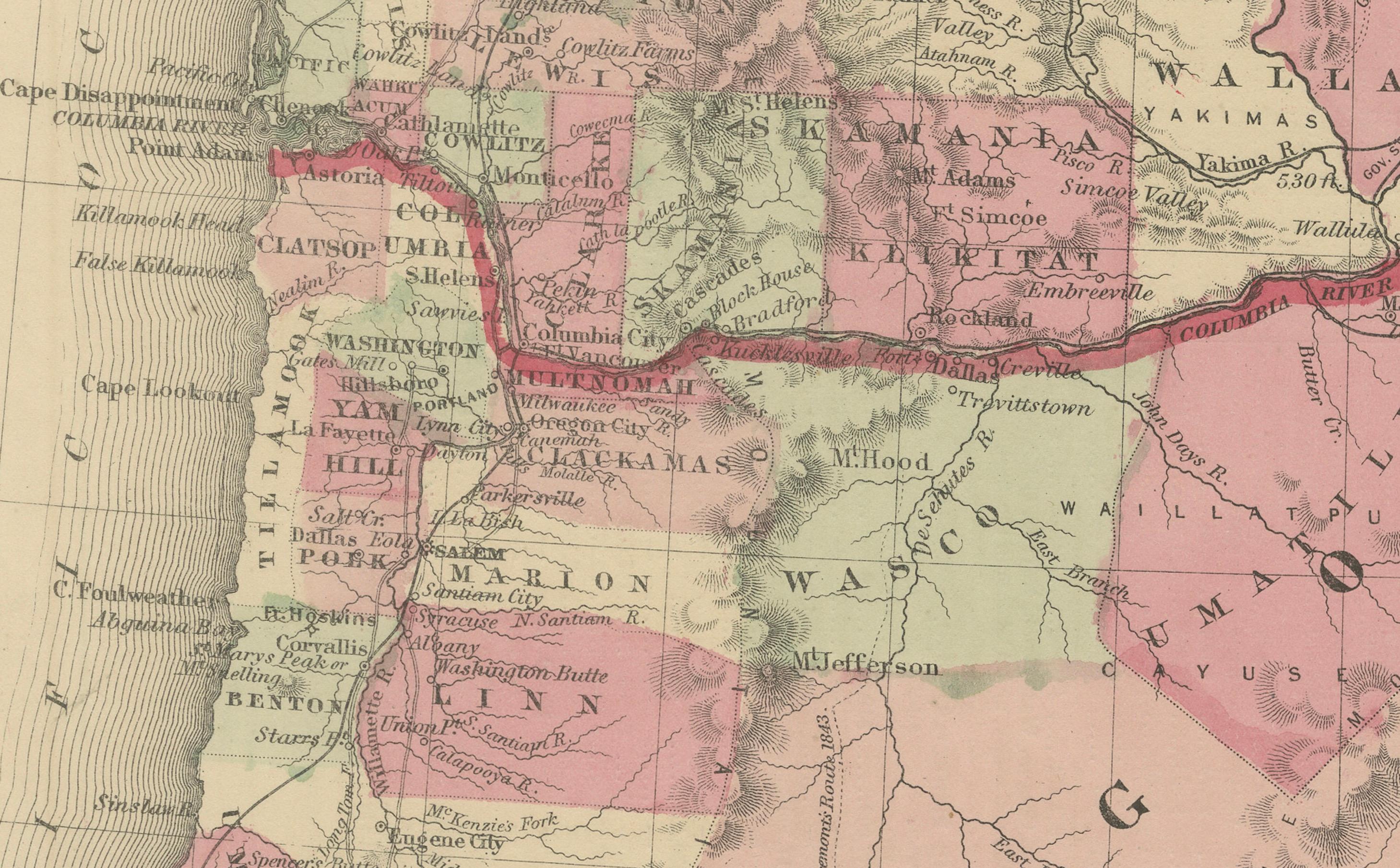 XIX secolo Mappa di Washington Oregon Idaho - Johnson, colorata a mano, 1864 ca. in vendita
