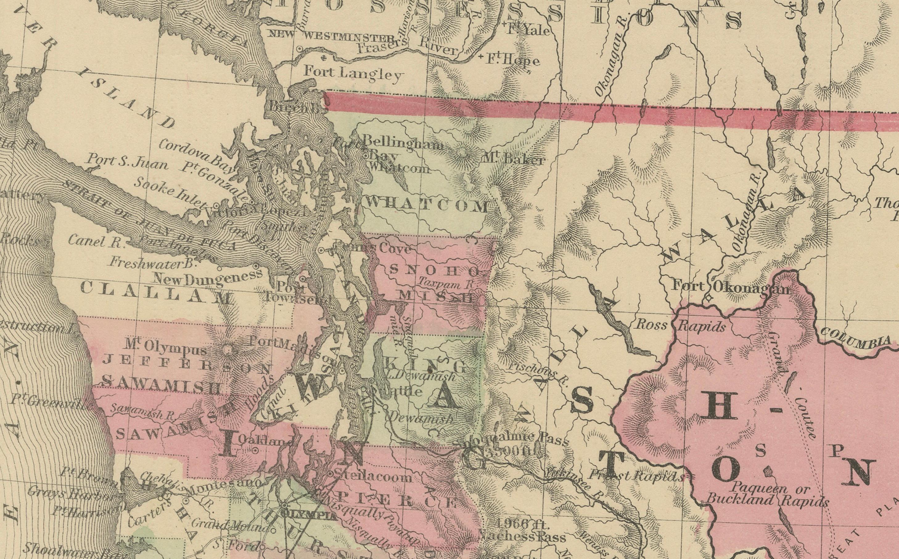 Carta Mappa di Washington Oregon Idaho - Johnson, colorata a mano, 1864 ca. in vendita