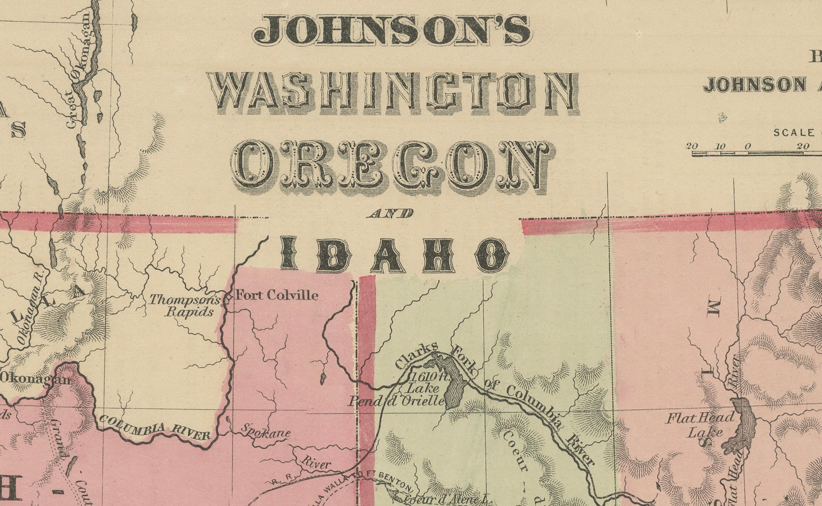 Mappa di Washington Oregon Idaho - Johnson, colorata a mano, 1864 ca. in vendita 1