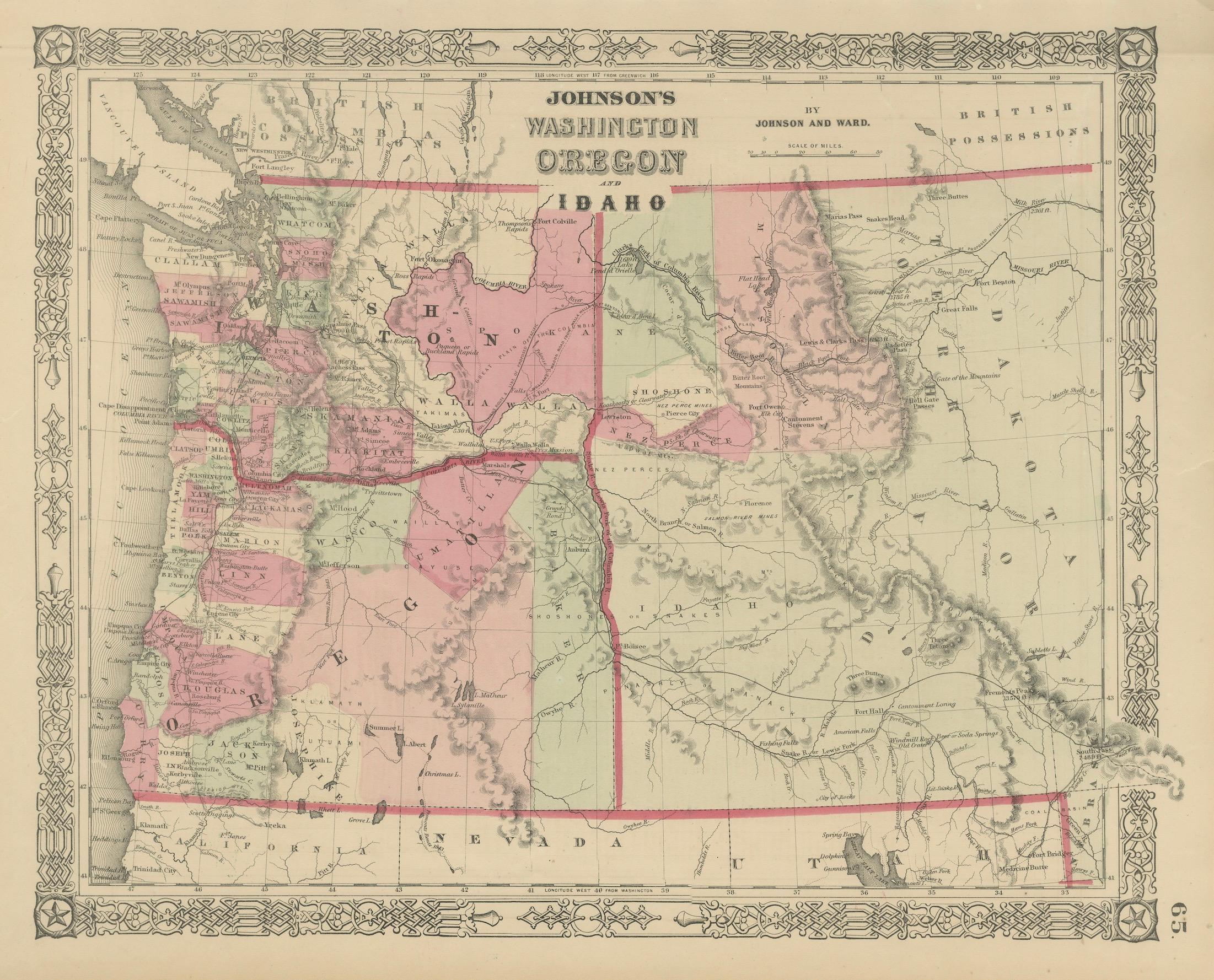 Mappa di Washington Oregon Idaho - Johnson, colorata a mano, 1864 ca. in vendita 3
