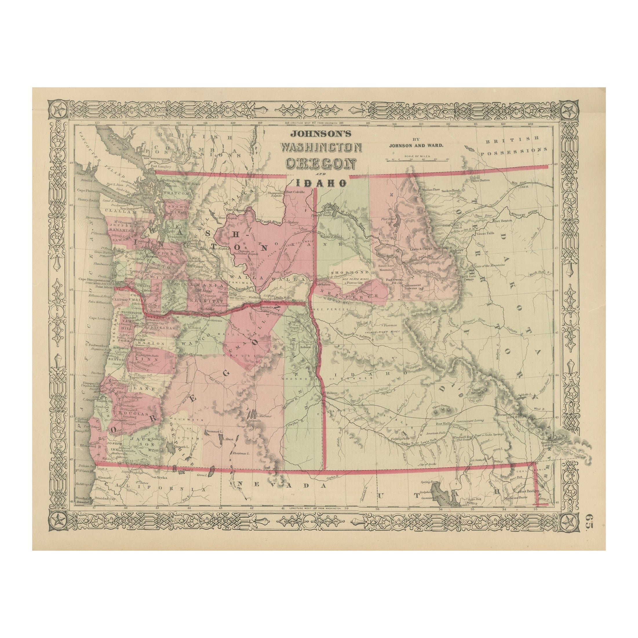 Mappa di Washington Oregon Idaho - Johnson, colorata a mano, 1864 ca. in vendita