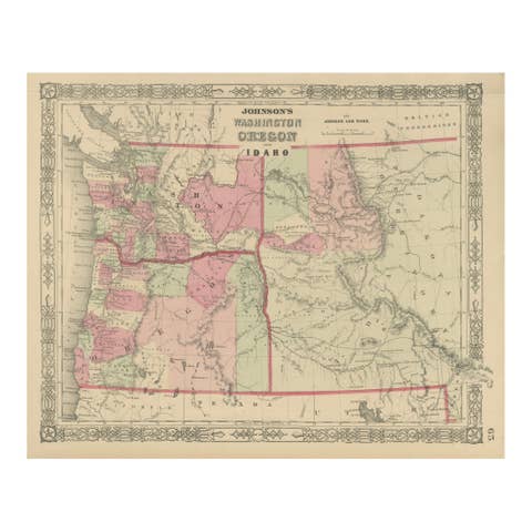 Washington Oregon Idaho Map – Johnson, Hand-Colored, c.1864