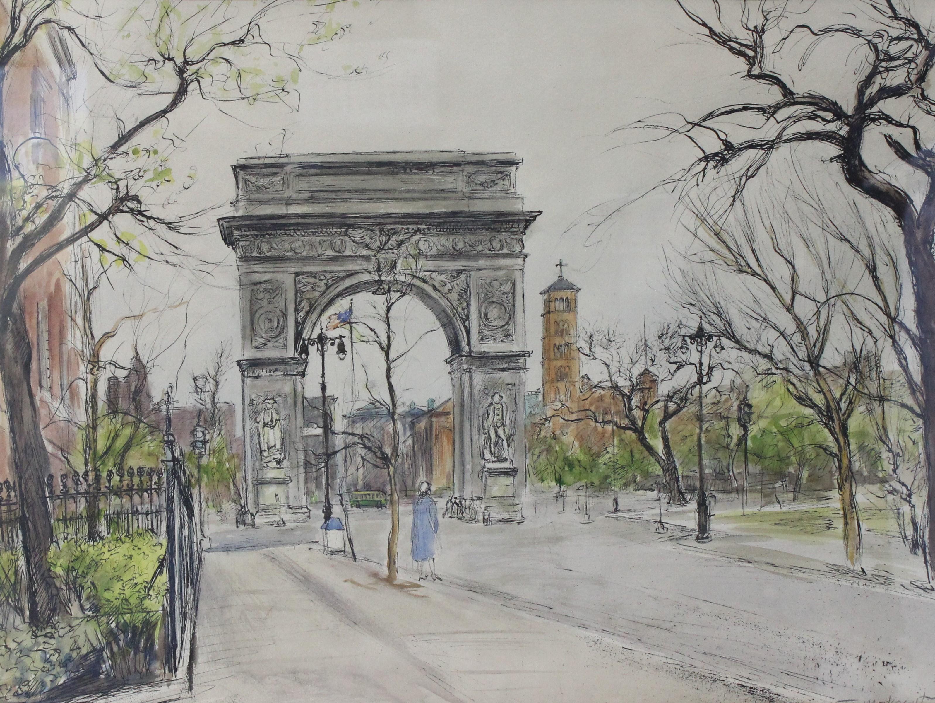 Paper Washington Square Park Painting by Ira Moskowitz, 1953