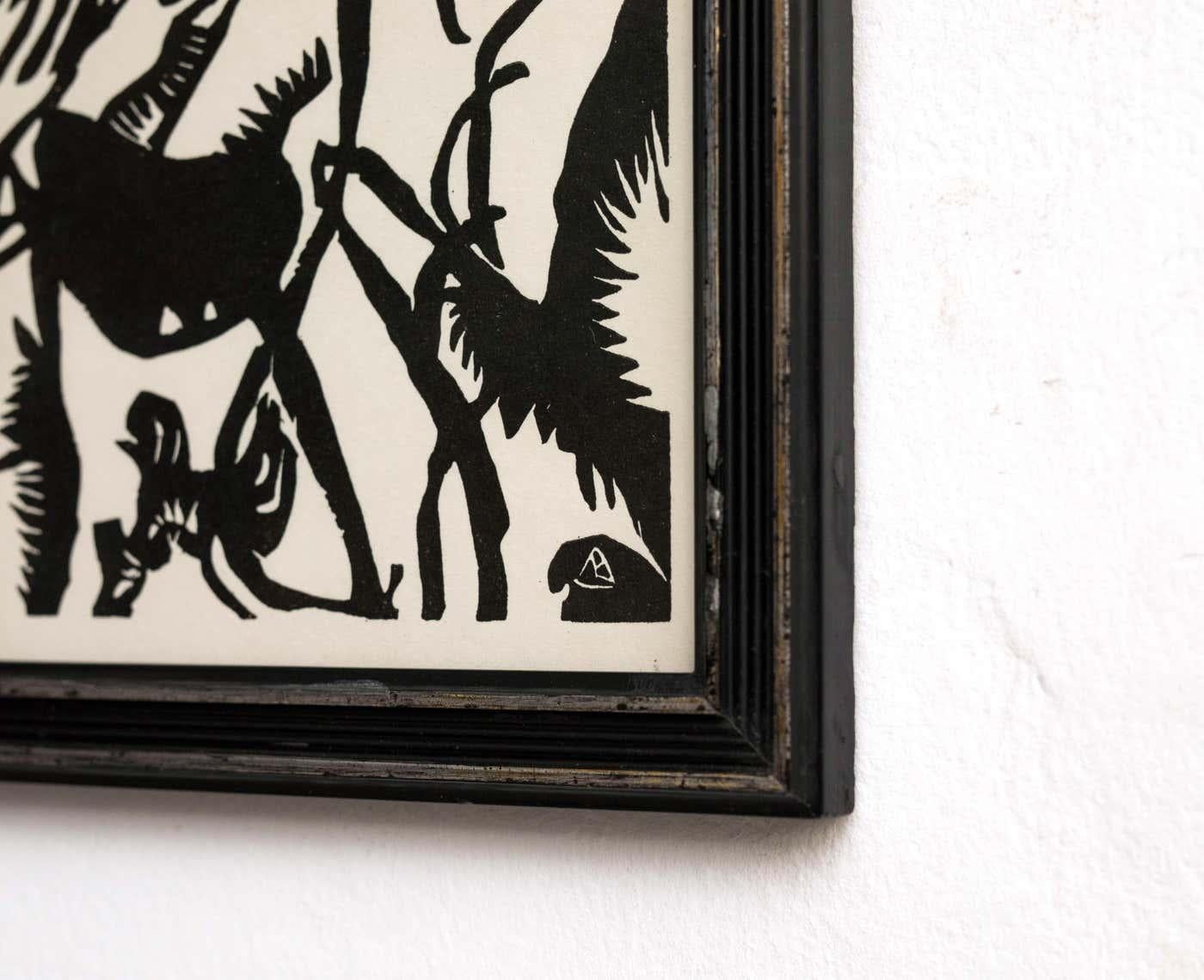 Mid-Century Modern Wasilly Kandinsky Mid Century Modern Framed Black and White Woodcut  For Sale