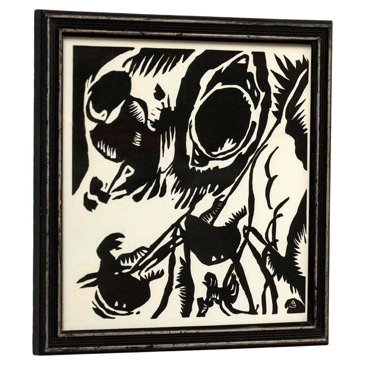 Wasilly Kandinsky Mid Century Modern Framed Black and White Woodcut  In Good Condition For Sale In Barcelona, Barcelona