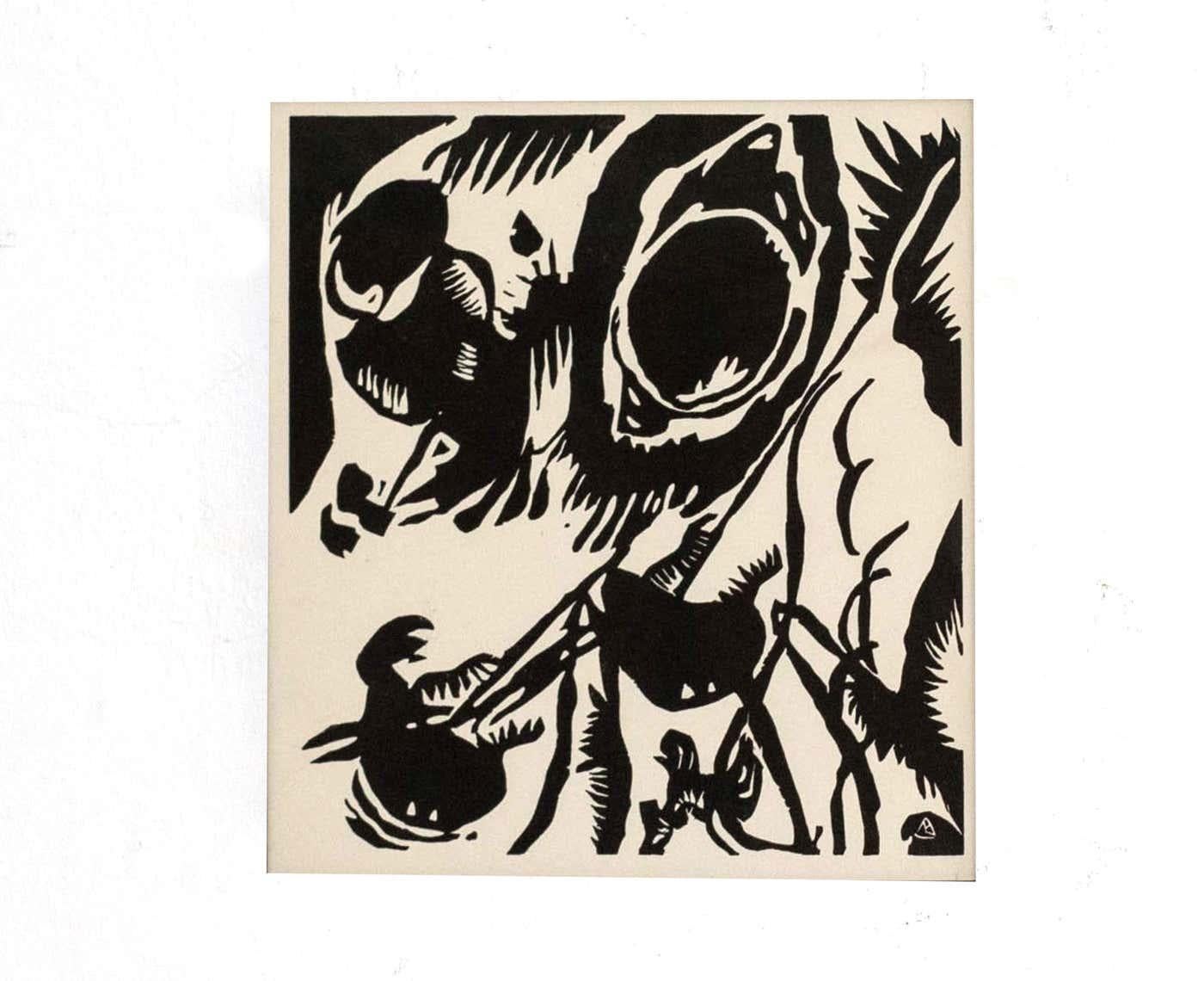 Gerahmter schwarzer und weißer Holzschnitt von Wasilly Kandinsky, Moderne der Mitte des Jahrhunderts  (Papier) im Angebot