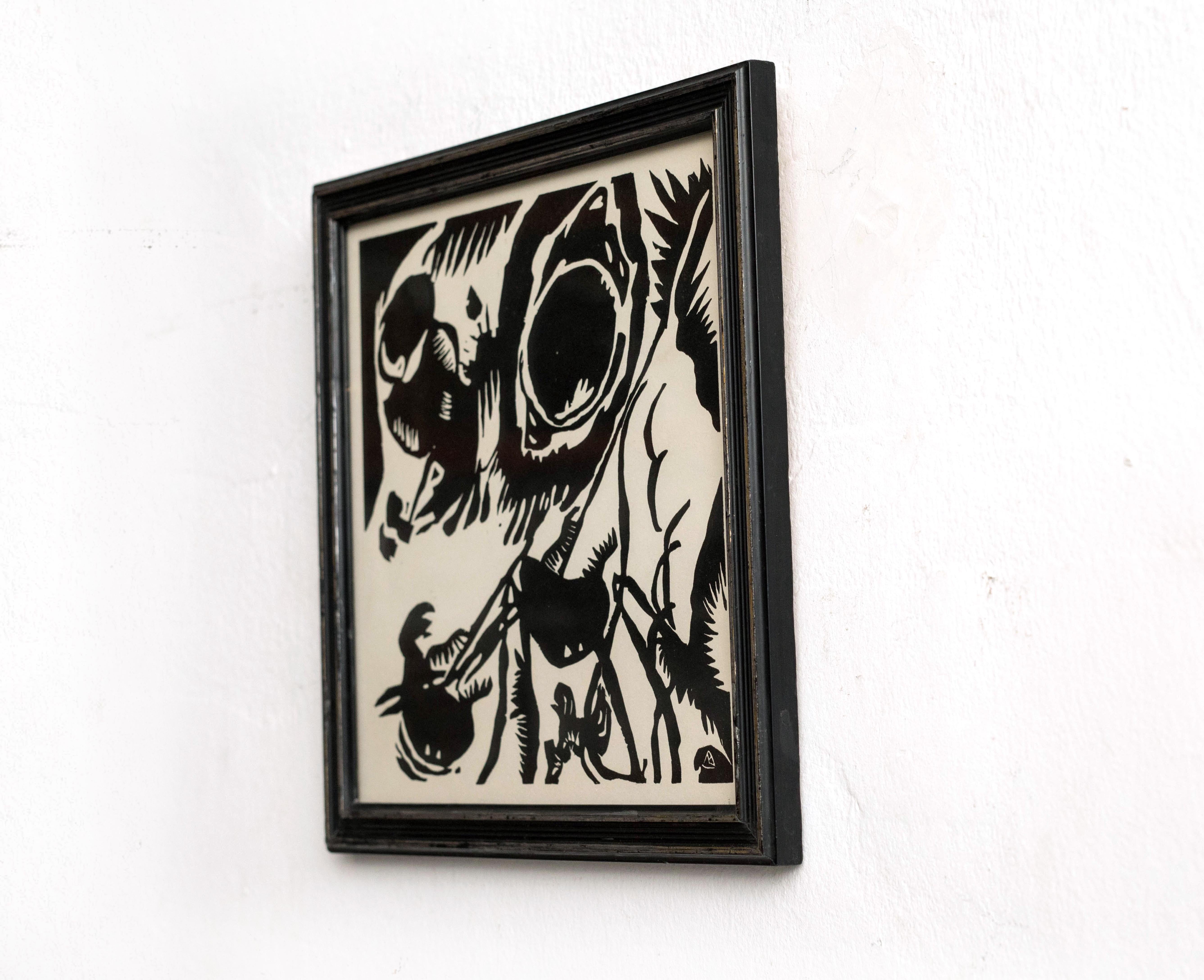 German Wasilly Kandinsky Mid Century Modern Framed Black and White Woodcut 
