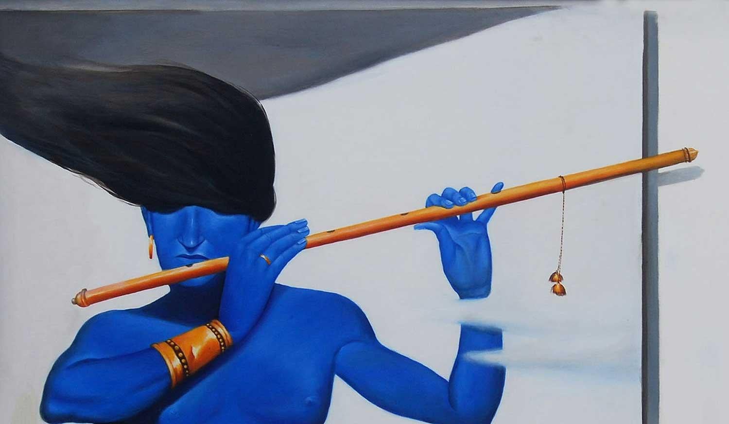 Radha- Krishna, Oil on Canvas, Blue, White Colors, Famous Artist 