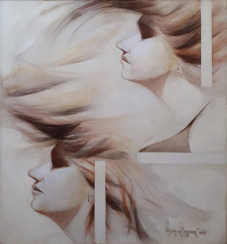 Duet Woman, Conte on Canvas, by Indian Artist Wasim Kapoor "In Stock" - Painting by Wasim Kapoor