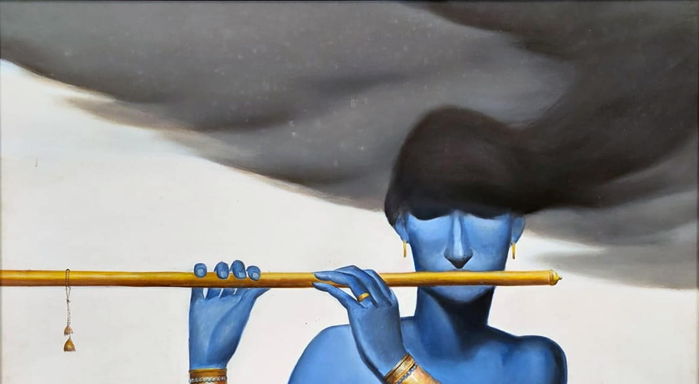 Krishna Playing Golden Flute, Oil on Canvas, Blue by Indian Master 