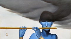Krishna Tocando la Flauta de Oro, Óleo sobre Lienzo, Azul por Maestro Indio "En Stock"
