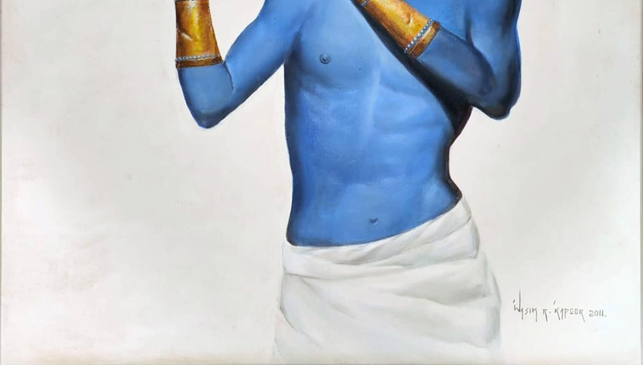 Krishna Playing Golden Flute, Oil on Canvas, Blue by Indian Master 
