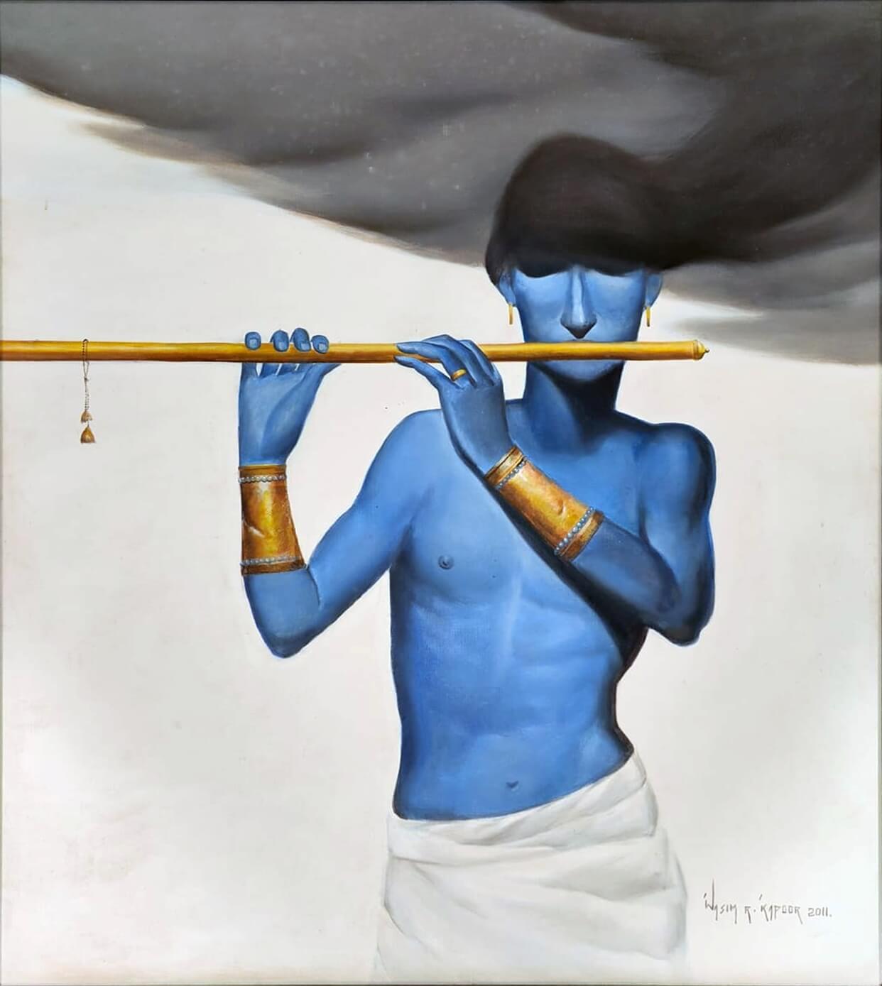 Krishna Playing Golden Flute, Oil on Canvas, Blue by Indian Master "In Stock"