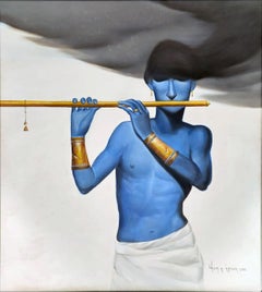 Krishna Playing Golden Flute, Oil on Canvas, Blue by Indian Master "In Stock"