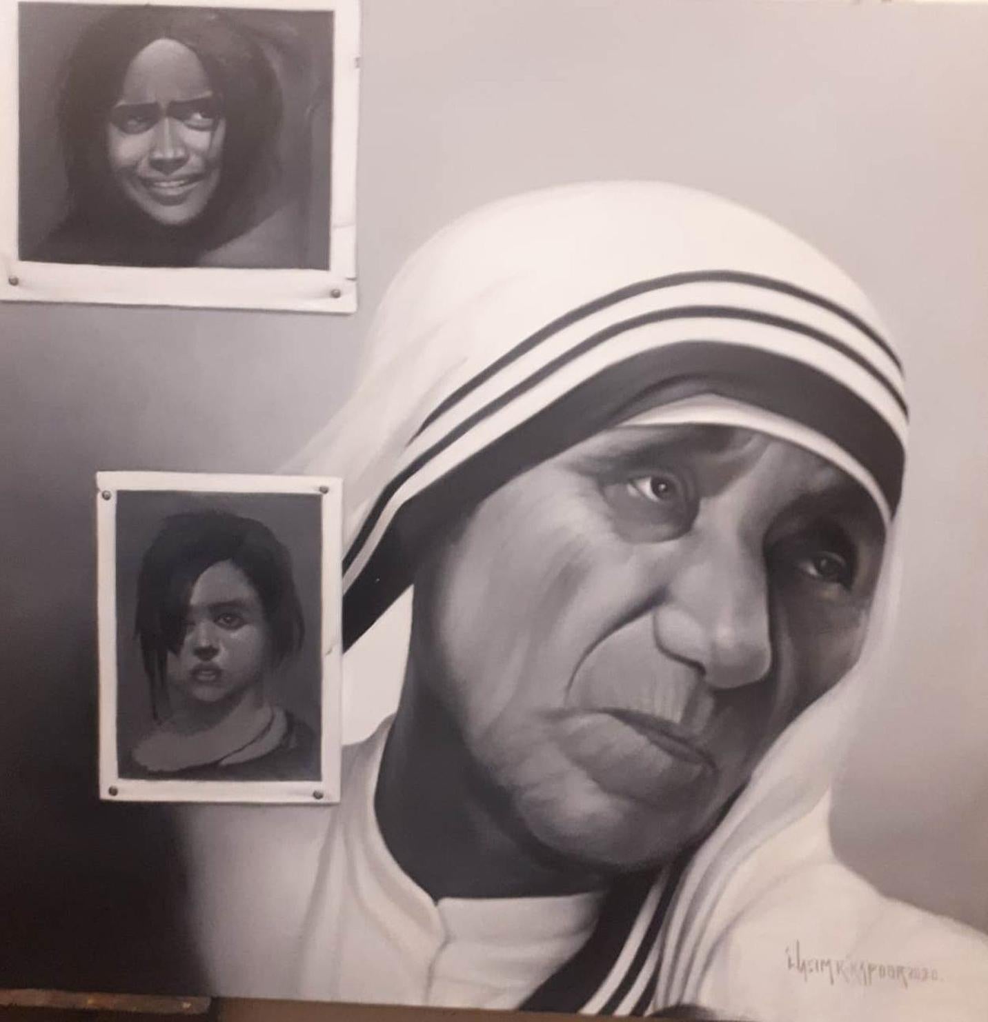 Wasim Kapoor - Rickshaw
Óleo sobre lienzo
56 x 56 pulgadas (tamaño sin enmarcar)
(Enmarcado y entregado)

En esta conmovedora composición en escala de grises, Wasim Kapoor rinde homenaje a la Madre Teresa, captando no sólo su imagen, sino la