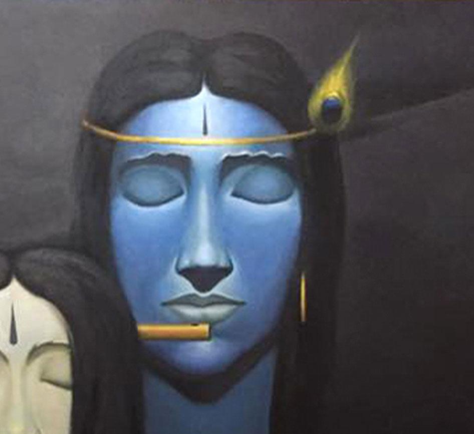 Radha Krishna, Mythology, Oil on Canvas, Blue, Grey by Indian Artist 
