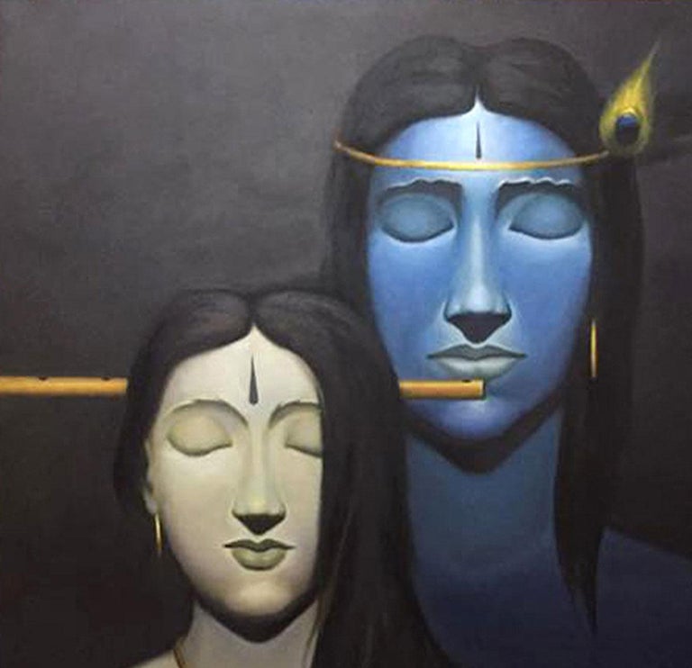 Wasim Kapoor Radha Krishna Mythology Oil On Canvas Blue Grey