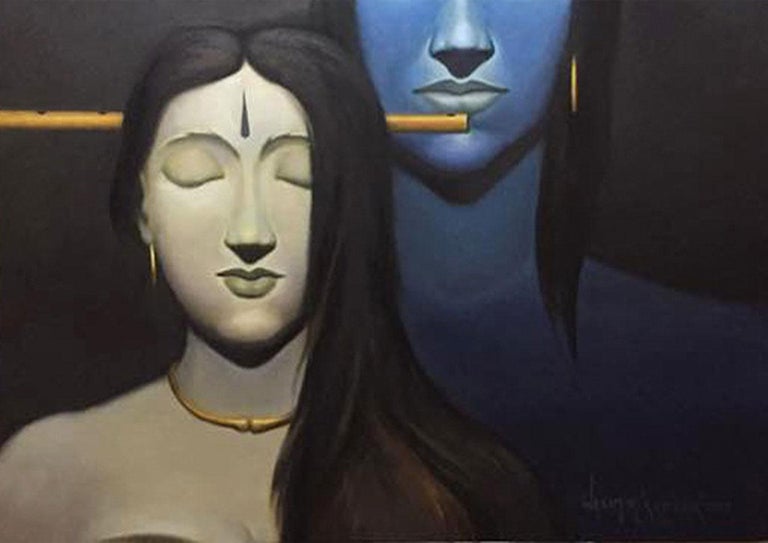 Wasim Kapoor Radha Krishna Mythology Oil On Canvas Blue Grey