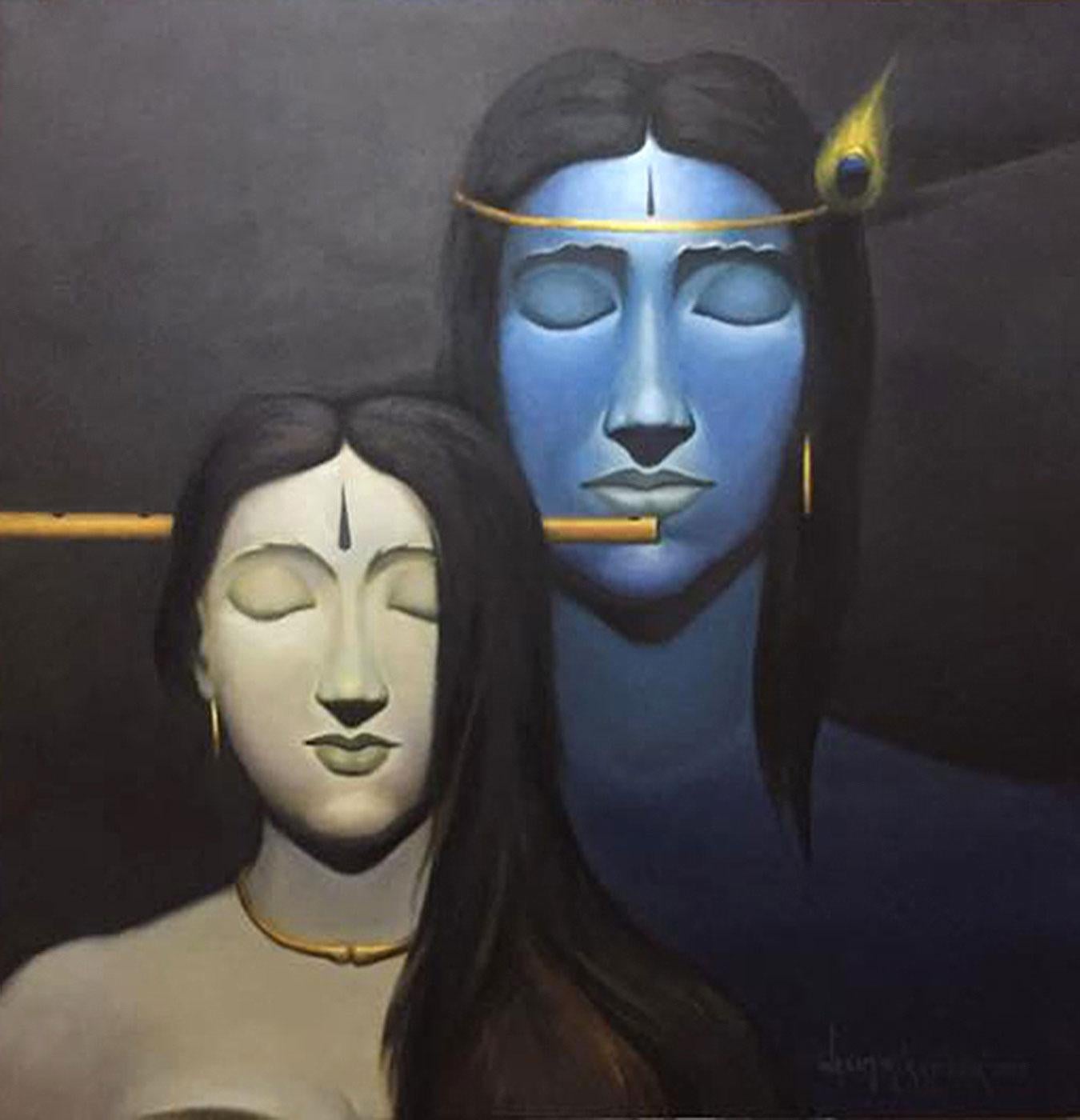 Figurative Painting de Wasim Kapoor - Radha Krishna, Mitología, Óleo sobre lienzo, Azul, Gris por Artista indio "En Stock"