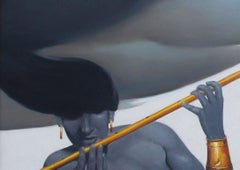 Reclining Krishna, Mythology, Romantic, Oil Painting, Blue, Golden "In Stock"