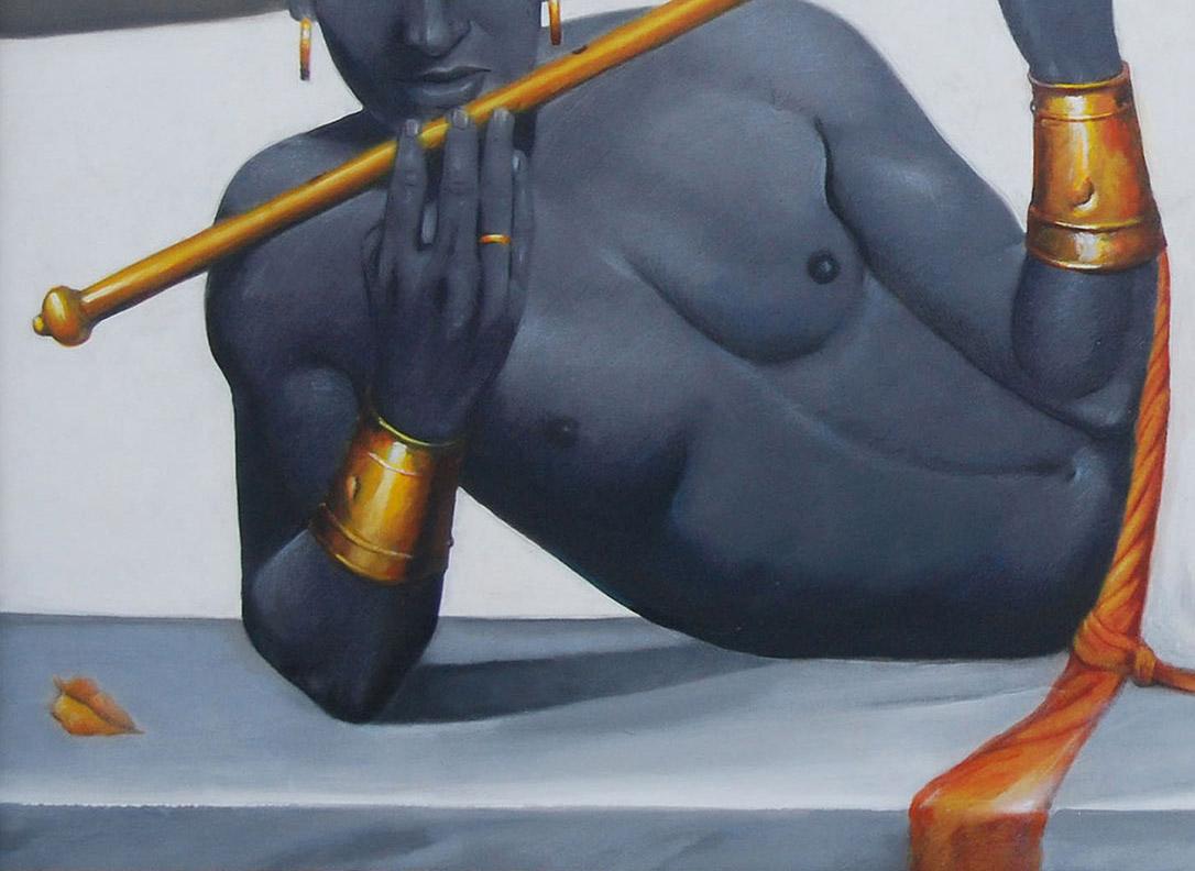 Wasim Kapoor - Reclining Krishna - 60 x 36 inches (unframed size)
Oil on canvas
( This work will be shipped in roll form for ease of shipment) 

About this work : In hindu Mythology Krishna was a God of Love and Seduction .He is known to be the