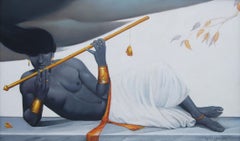 Reclining Krishna, Mythology, Romantic, Oil Painting, Blue, Golden "In Stock"