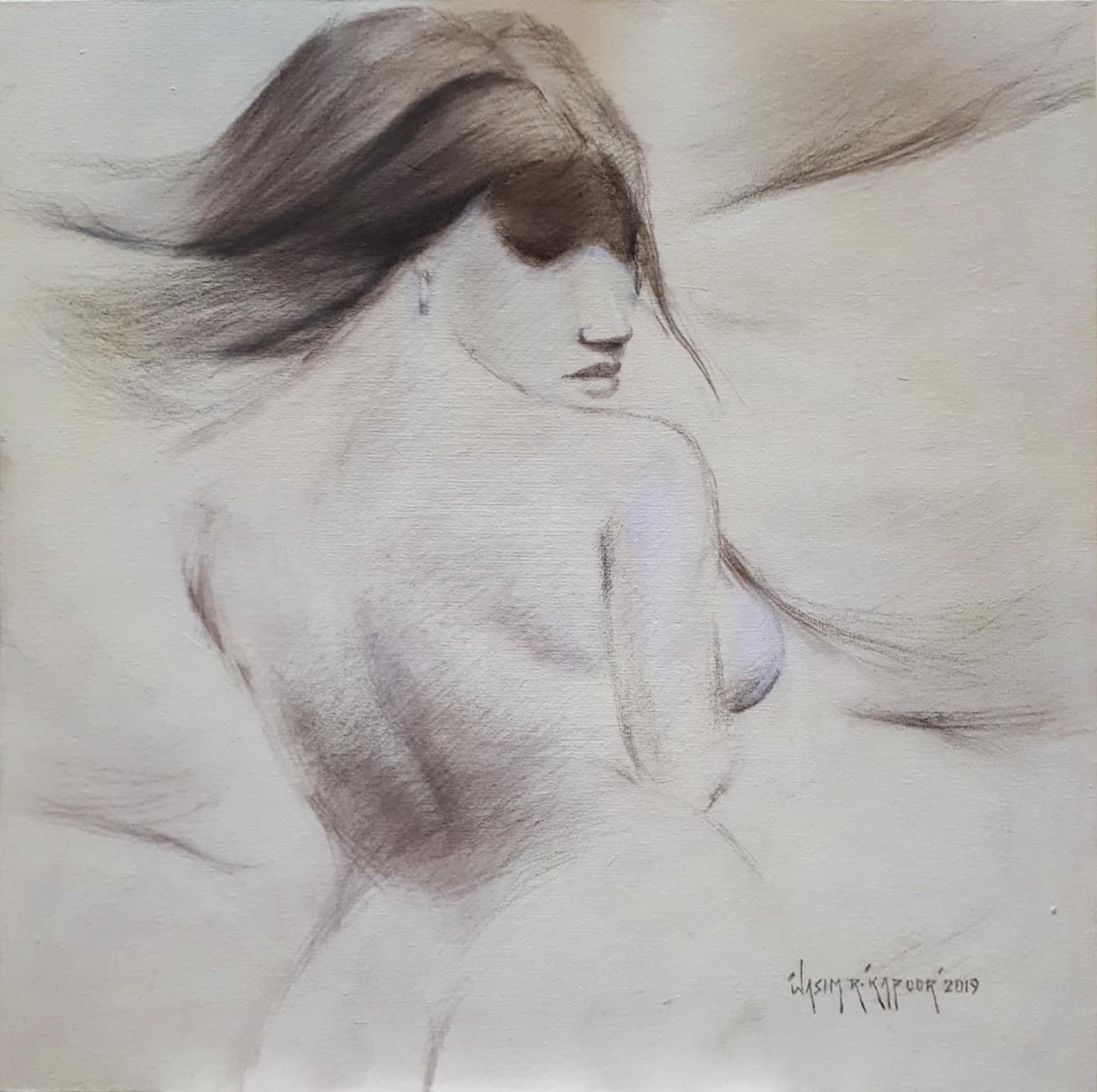 Wasim Kapoor Nude Painting - Woman, Nude, Drawng, Conte on Canvas, Brown by Indian Artist "In Stock"