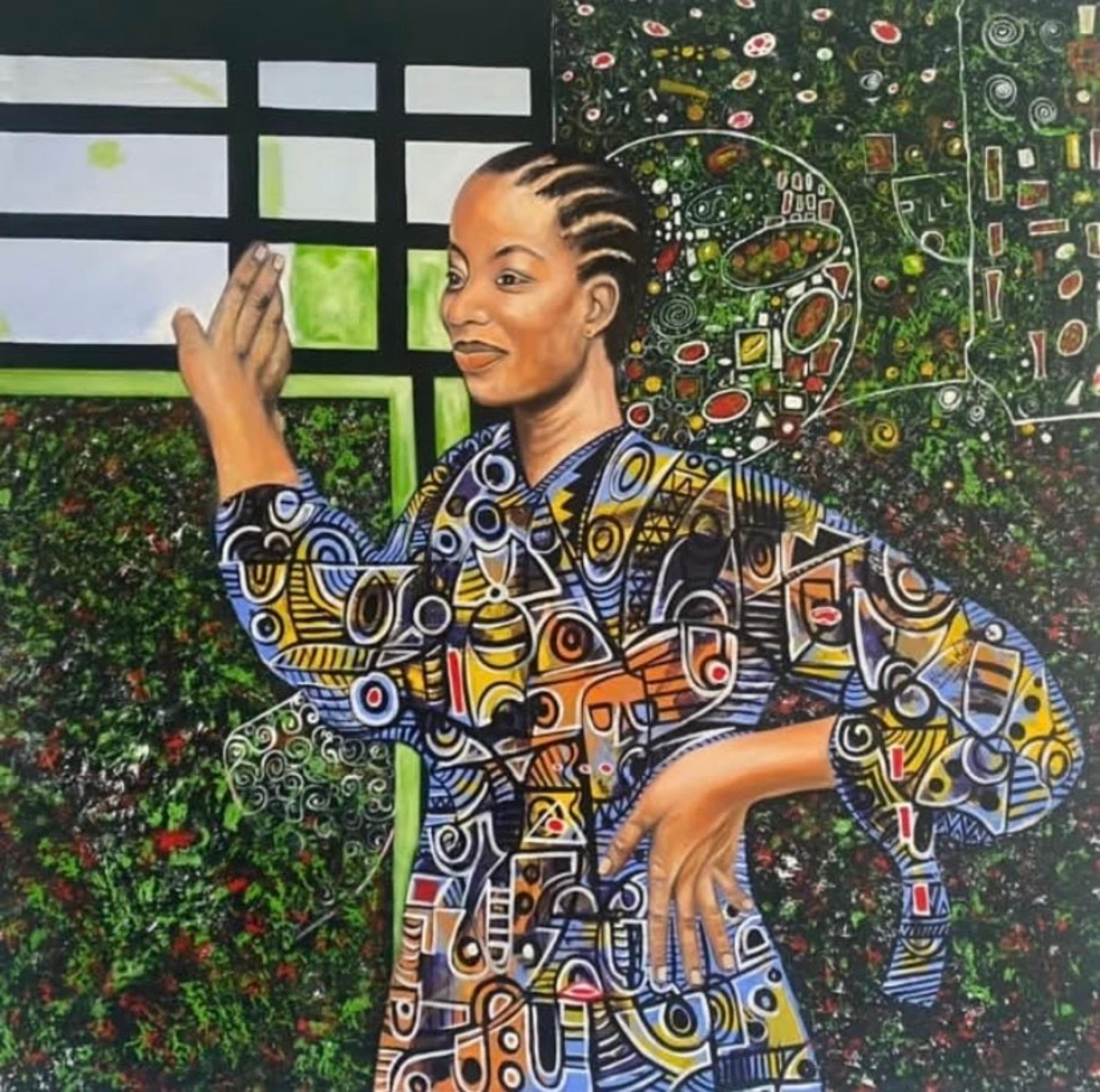  Wasiu Sunday Hassan Figurative Painting - Fly Me To The Moon -21st Century Contemporary, Figurative Portrait, Africa Women