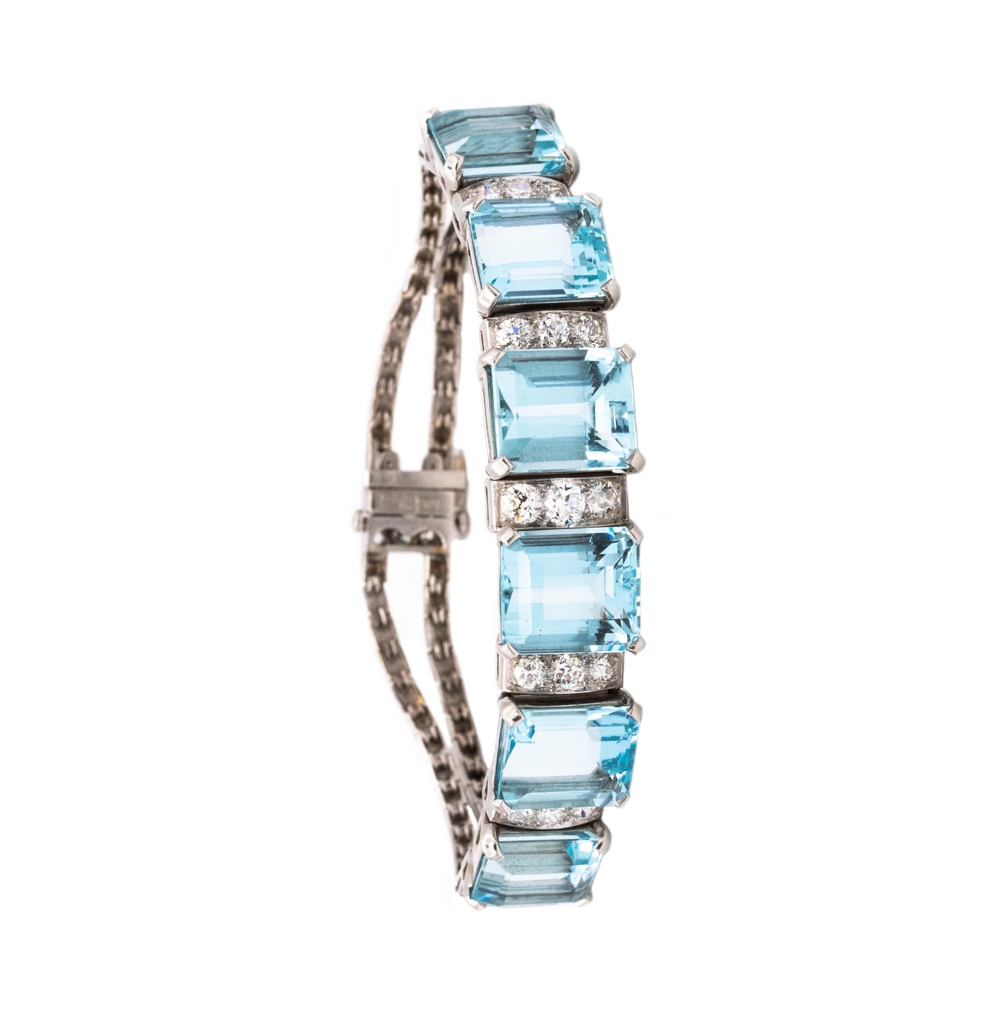 Waslikoff and Sons Art Deco 1940 Platinum Bracelet 42.84 Ctw Diamonds Aquamarine For Sale 3